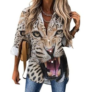 Angry Leopard Cheetah Womens Blouses Hawaiiaanse Button Down Womens Tops Lange Mouw Shirts Tees 3XL