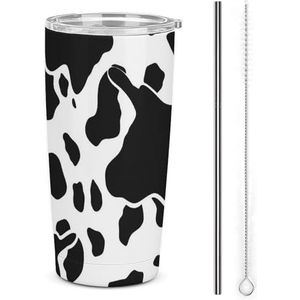 AQRJLPM Zwart en wit koe print auto beker roestvrij stalen beker met rietje en deksels lekvrij geïsoleerde roestvrij staal reizen koffiemok pobtable voor koude warme dranken camping