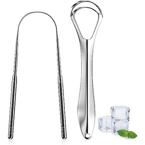 Fousenuk Tongreiniger, tongschraper van 304 roestvrij staal, tongschraperset tegen slechte adem, tongborstel voor een frisse adem, met handvat, voor volwassenen en kinderen, 2 stuks