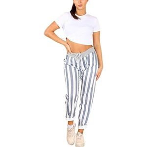asfashion online Dames elastische taille Turn Up Italiaanse broek bloemenprint zijzak trekkoord zomerbroek, Wit Blauw Streep, 38-40