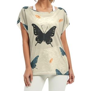 Leuke vlinder geel herhalend patroon vrouwen korte vleermuismouwen shirt ronde hals T-shirts losse tops voor meisjes, Patroon, XL
