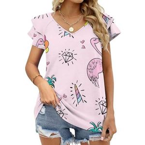 Eenhoorn Flamingo Ananas Grafische Blouse Top Voor Vrouwen V-hals Tuniek Top Korte Mouw Volant T-shirt Grappig