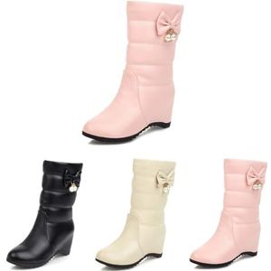 Leuke Enkellaarsjes Met Strik + Parel Korte Dameslaarzen Met 6 Cm Sleehak Herfst Winter PU Lederen Instapper Enkellaarsjes Elegante Studenten Enkelschoenen for Buiten, Feest(Pink,42 EU)