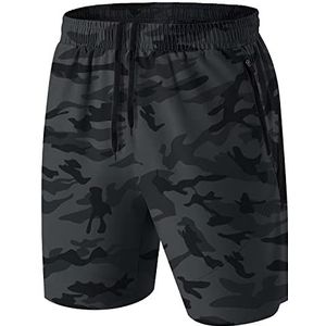 HMIYA Sportshorts voor heren, korte broek, sneldrogende sportbroek, licht met ritssluiting, camouflage, grijs, XL