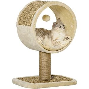 PawHut kattenkrabpaal kattenspeelgoed klimboom spaanplaat jute zeegras fluweelzacht polyester kaki + beige + koffie 40 x 30 x 56 cm