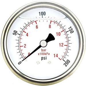 kaliber 2"", roestvrijstalen behuizing, vloeistofvulling, montage aan de achterkant, 200 psi -