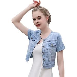 Denim Jasje Dames,Dames Denim Jack Met Korte Mouwen Zomer Button Down Vest Crop Shawl Stretch Denim Jas Vintage Wash Faded Jean Bolero Jacket Tops Voor Jurk,Light Blue,Xxl