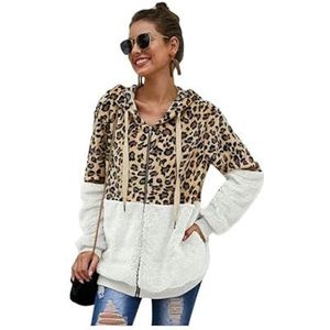 Leopard Shirt Women Autumn Winter Leopard Sweatshirts Women Long Sleeve Hooded Casual Zipper Thick Hoodie Top Warm Coat-White-M