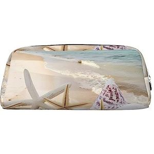 DEHIWI Strand Zeester Potlood Pen Case Waterdichte Leuke Lederen Potlood Pouch Reizen Cosmetische Make-up Tas Organizer Pen Houder Voor Kantoor Make-up, Zilver, Eén maat, Reizen