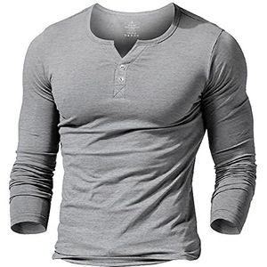 Heren Lange Mouw Spieren Slank Geïnstalleerd Katoen Henley T-shirt Met Knoppen Grijs S
