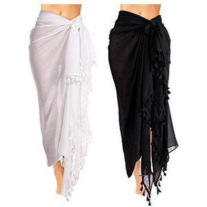 2 Stuks Vrouwen Strand Batik Lange Sarong Badpak Cover Up Wrap Pareo met Kwastje voor Vrouwen Meisjes, Zwart, Wit, Eén maat