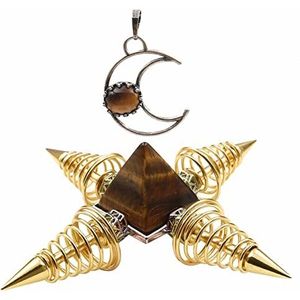 Soulnioi Crystal Crafts Rozenkwarts piramide energie met vier gouden verenpunten, ornament voor Reiki meditatie bescherming en spirituele decoratie, vintage tijgeroog hanger opengewerkte maan ketting