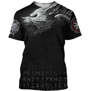 Noorse Fenrir Wolf Mouwloos T-shirt, 3D Rune Print Harajuku Straat Trekkoord Shorts, Zomer Mesh Sneldrogende Fitness Workout Heidense Amulet T-shirt(T shirt,3XL)