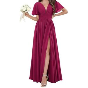 Chiffon bruidsmeisjesjurken voor dames, voor bruiloft, met split, avondgalajurken, cocktailjurken, grote maten, Fuchsia, 32