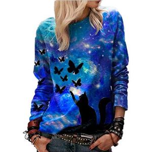 Dames 3D sterrenhemel kat vlinder print lange mouwen T-shirt grappige casual grafische pullover sweatshirts, Blauw, M