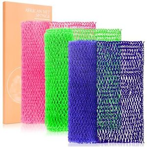 MTDLYICE Afrikaanse netspons 3 stuks, rugscrubber voor douche, XL 80 cm exfoliërend washandje, Afrikaanse netspons authentiek, lichaamsscrubber exfoliator badaccessoires (blauw, lichtgroen, roze)