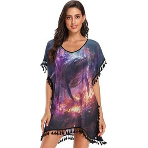 KAAVIYO Angry Dolphin Paars Vuur Strand Cover Up Chiffon Kwastje Badmode Badpak Coverups voor Meisje, Patroon, S