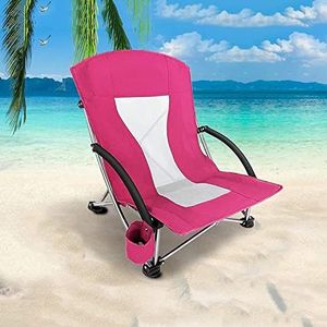GEIRONV Low Seat strandstoel, reispicknick caravanreizen met gewatteerde armleuningen stoel buiten camping vouwstoel met bekerhouder Fauteuils (Color : Pink)