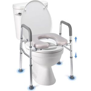 Verhoogde toiletbril, 350 lbs stand-alone thuiszorg commode badkamer assistent frame voor ouderen, gehandicapten, gehandicapten, verstelbare hoogte, gewatteerde zitting