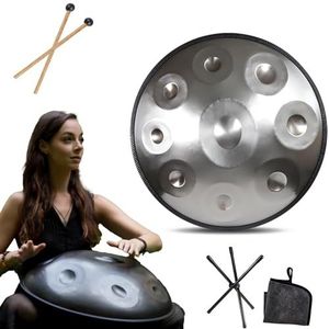 Handpan instrument - 432Hz/440Hz 9/10/ 12 Noten - 55cm Steel Tongue Drum - Hand Pan Drum met Drumhouder voor Klankgenezing (Size : 432Hz, Color : SILVER_9 NOTES)