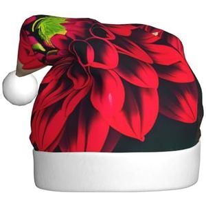 SSIMOO Houten plank retro bloem rode dahlia pluche kerstmuts voor volwassenen, feestelijke feesthoed, ideaal feestaccessoire voor bijeenkomsten