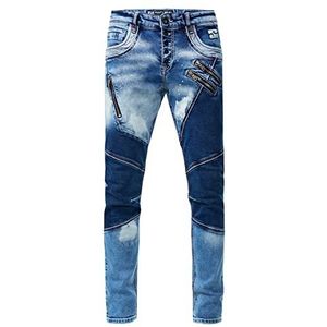 Rusty Neal Jeansbroek 'URUMA' Colorblock-Vintage Used Streetwear Jeans Denim Ritssluiting Open Knoopsluiting Slim-Fit Ultra-Washed 237, Blauw used, 30W x 32L