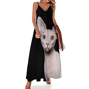 Unieke haarloze kat vrouwen sling maxi jurken V-hals causale mouwloze verstelbare riem sexy lange jurk