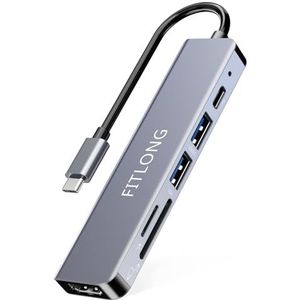 FITLONG USB C-hub, USB-C adapter compatibel met MacBook Pro/Air adapter, 6-in-1 met 4K HDTV-uitgang, SD/TF-kaartlezer, 100W PD, compatibel met laptop en andere type C-apparaten