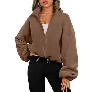 LJCM Fleecejas, casual ritssluiting, elastische taille, modieus fleecejack met trekkoord, kort voor outdoor-activiteiten voor dames, Karamelkleur, M