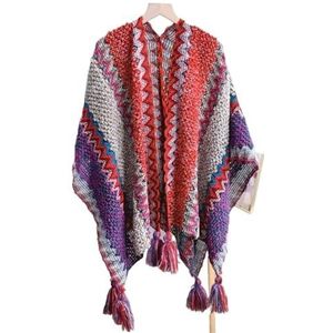 UBOHUZ Vrouwen Kwastje Sjaal Zachte Splicing Poncho Fotografie Props Retro Gebreide Cape Toerisme Voor Lente Herfst Winter, Rood, One size