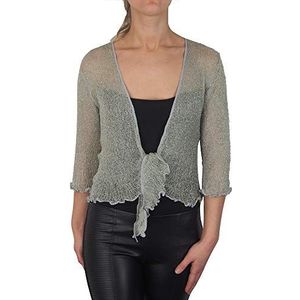 Mimosa Gehaakte bolero voor dames, glitter of effen, super rekbare kanten visnet stropdas in de taille, bolero, open vest, past maat 34-56, Grijs/Goud, One size Grote Maten