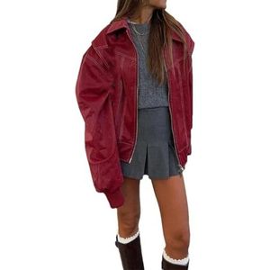 Dvbfufv Vrouwen Lederen Jas Mode Oversized Rits Lange Mouw Jas Vrouwen Jas Herfst Casual Kantoor Bovenkleding, Rood, S