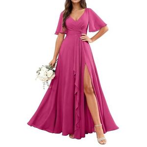 KURFACE Chiffon bruidsmeisjesjurken met mouwen split ruches lange bruidsmeisje formele avondjurk, Fuchsia, 32