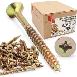 LUN FIX Universele schroef 4,0 x 60 mm - 250 stuks | kruiskop PZ2 | platte kop | houtschroeven | geel verzinkt | multifunctionele schroeven | kruiskopschroeven