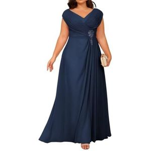 Dames chiffon moeder van de bruid jurk voor bruiloft ruches galajurken cocktailjurk plus size, Donkerblauw, 32