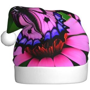 SSIMOO Roze bloem paarse vlinder pluche kerstmuts voor volwassenen, feestelijke feesthoed, ideaal feestaccessoire voor bijeenkomsten
