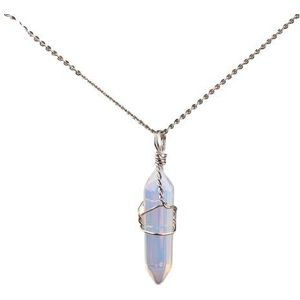 Handmade Jewelry: Wire Wrapped Natural White Turquoises Opal Stone Point Pendant Necklace with Silvery Chains for Women (Color : Opal)