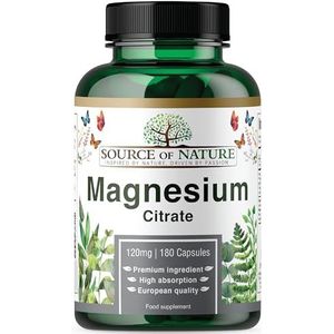 Magnesiumcitraat hooggedoseerd – 180 vegan capsules – 750 mg per capsule met 120 mg elementair magnesium – hoge biologische beschikbaarheid – maagvriendelijk – 3 maanden voorraad