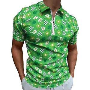 Groene harten klaver en bloemen heren poloshirt golf T-shirt met rits korte mouw casual T-shirt spiertops M