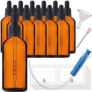 HandsUnity 100ml-12st Pipetfles Klein Glazen Flesje - Amberkleurige Glazen Apothekerspot set Met Zwarte Pipetdop inclusief 29st Hulp Accessoires Bruine Glazen Flessen