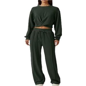 2 Piece Women Outfits Sweatsuit Set Twist Front Cropped Sweatshirt Wide Leg Sweatpant Lounge Set Tracksuit (Size : Dark green_S)
