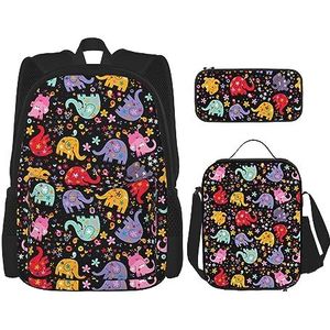 Kleurrijke Olifant Grote Capaciteit Rugzak Lunch Tas Pen Pouch 3 Stuk Set voor Kantoor Reizen Camping Unisex, Zwart, Eén maat