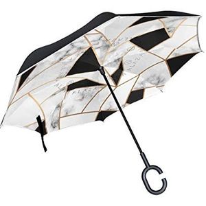 RXYY Winddicht Dubbellaags Vouwen Omgekeerde Paraplu Zwart Wit Goud Lijnen Marmer Geometrisch Patroon Waterdicht Reverse Paraplu voor Regenbescherming Auto Reizen Outdoor Mannen Vrouwen