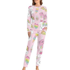 Leuke pastel eenhoorn en dessert zachte damespyjama met lange mouwen warme pasvorm pyjama loungewear sets met zakken S