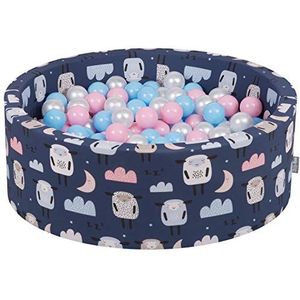 KiddyMoon Babyballenbak van schuim met ballen, 90 x 30 cm / 300 ballen van ∅ 7 cm, schapen-donkerblauw: babyblauw / poederroze / parelkleurig