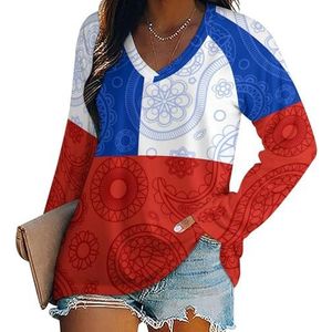 Chileense paisley-vlag dames casual T-shirts met lange mouwen V-hals bedrukte grafische blouses T-shirt tops XL