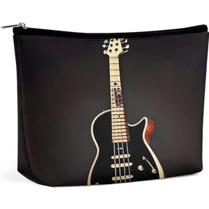 JKLQWH Lederen make-uptas, waterdichte make-uptas voor vrouwen, zwarte gitaar, open platte toilettassen, draagbare tas met rits, make-up organizer koffer voor reisaccessoires, zwarte gitaar, 6,8 × 2,3