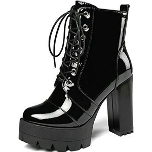 SYDZSW Dames Gothic Combat Platform Enkellaarzen Plush Dikke Middelhoge Hak Laarzen Punk Schoenen voor Leer, Zwart, 40 EU