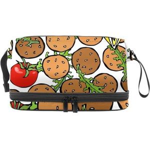 Vegetarische Falafel Citroen Tomaat Dubbellaags Cosmeticatas voor vrouwen en meisjes, reistoilettas, make-up, handige etui, organizertas met borstelvak, Meerkleurig, 27x15x14 cm/10.6x5.9x5.5 in,