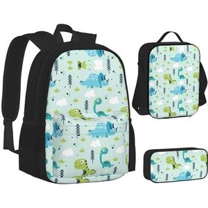 SUHNGE Vetplanten Print Rugzakken Combinatie 3 in 1 Set Boekentas en Lunchbox en Potlood Pouch Verstelbaar, Dinosaur Patroon, Eén maat